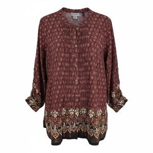 Catherines Button Up Top Womens Plus Size 1X Petite Beaded Rust Long Sleeves